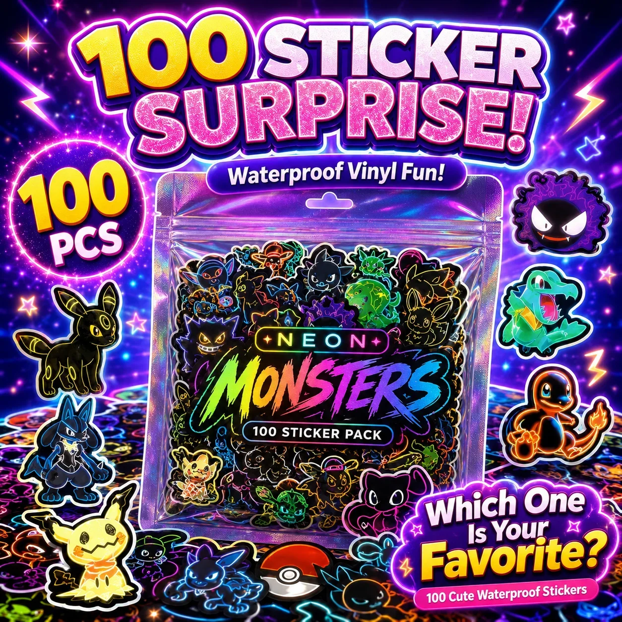 Wall Sticker - 100 adet Neon Pokémon Sticker'ı, Su